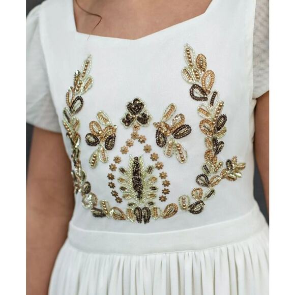 Mia Joy Girls Ivory Maxi Dress With Gold Embellished Bodice Flutter Sleeves & Fl - Picture 12 of 16